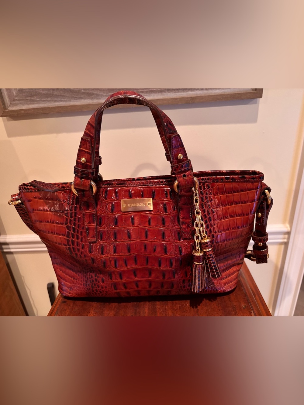 Brahmin Croc Embossed Leather Satchel Crossbody Bag Mahogany Brown Tassel